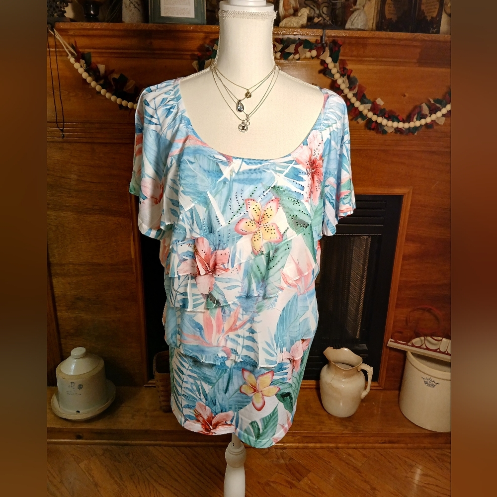 indigo soul Floral Tropical Print Ruffled Layered Blouse With Embellishments